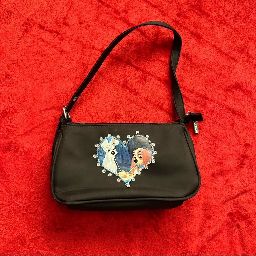 Early 2000s Disney Lady & The Tramp Black Shoulder Bag with Heart Design
